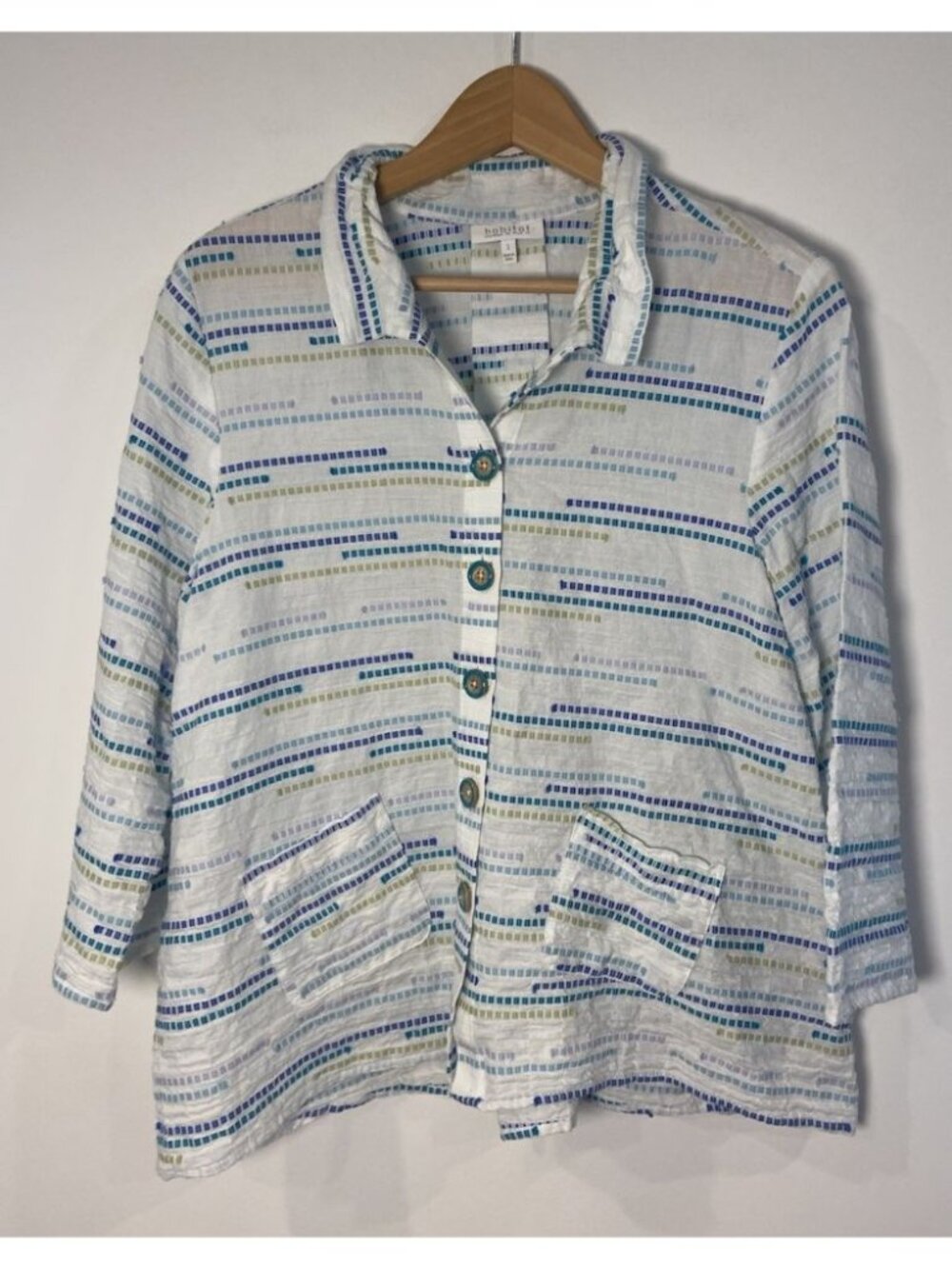 Habitat Shirt Blouse Wire Neck Crinkle White Blue Green Size Small S
